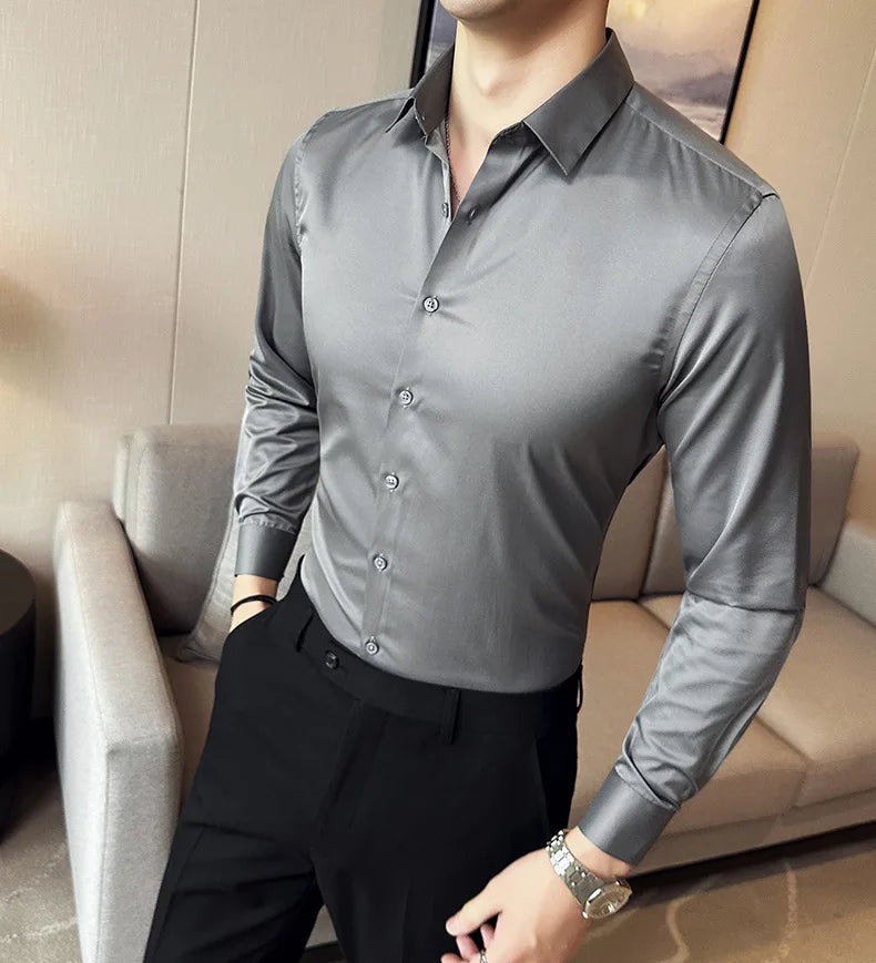Seamless silk business casual shirt, long sleeved white non ironing elastic silk sliding cross shirt, men's formal wear