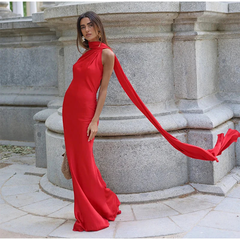 Elegant Ribbon Halter Dress Women Solid Off Shoulder Sleeveless Backless Slim Maxi Dresses 2025 Summer Autumn Party Robes Lady