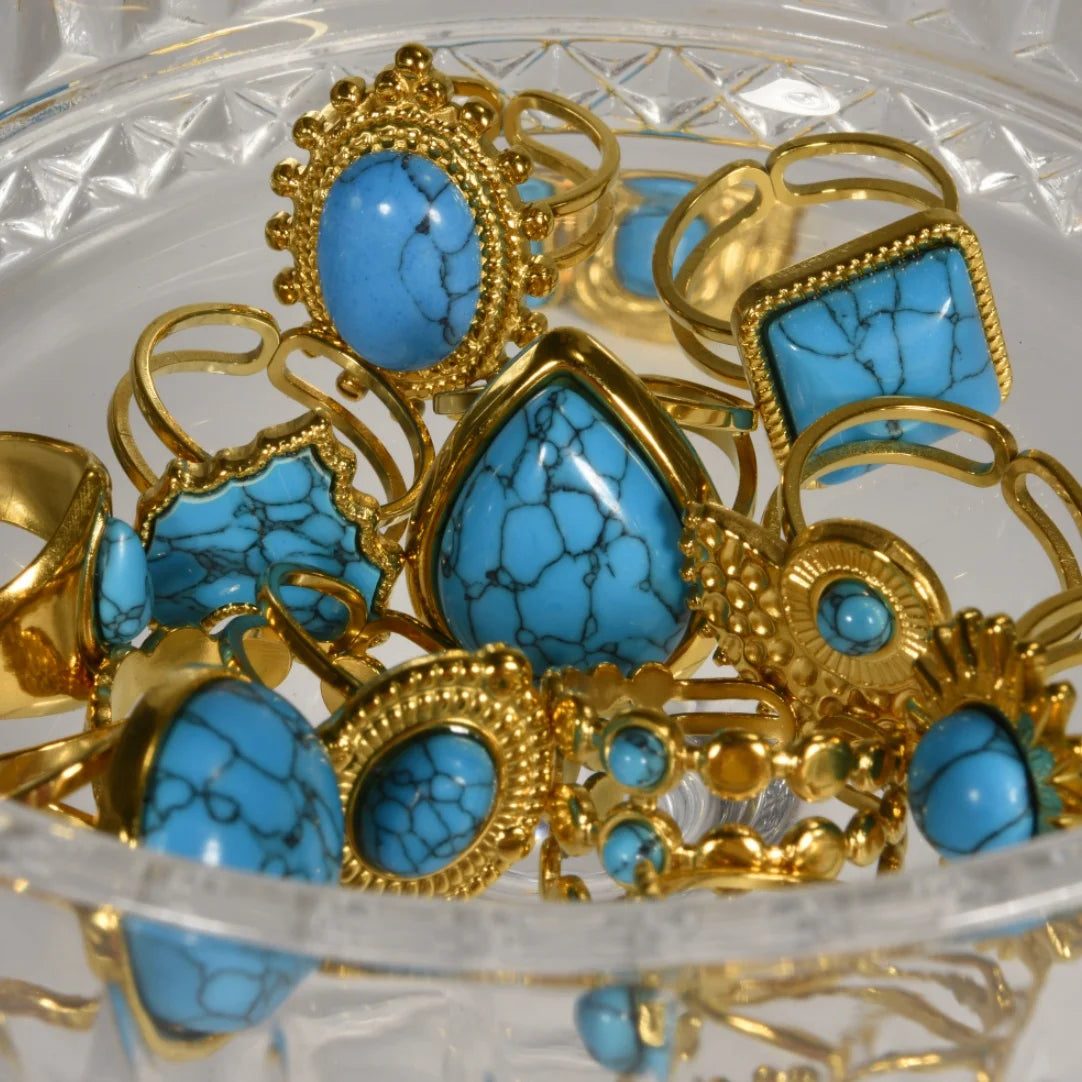 2pcs/lot Vintage Turquoise Gold Plated Knuckle Rings Blue Synthetic Stone Stainless Steel Rings Boho Jewelry Women Gifts No Fade