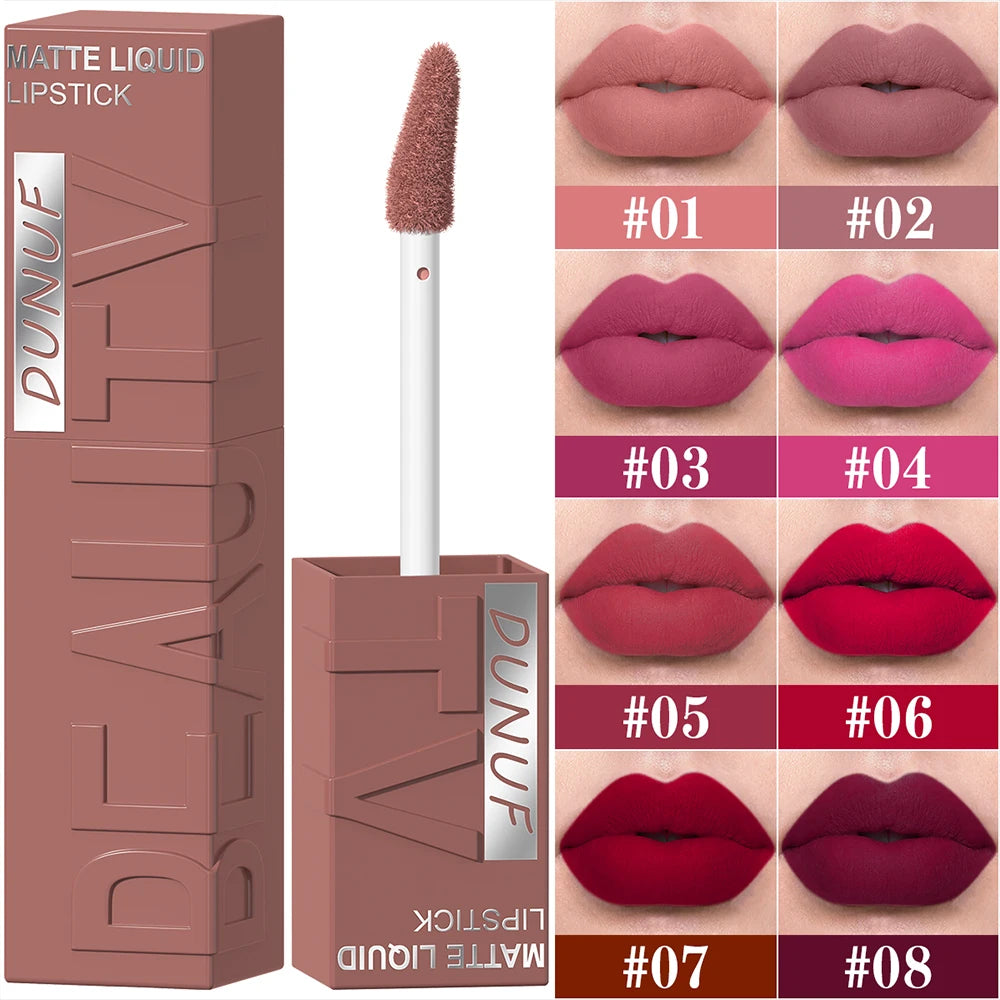 DUNUF  8-color matte velvet smooth easy-to-apply square tube lip gloss waterproof three-dimensional plumping lipstick