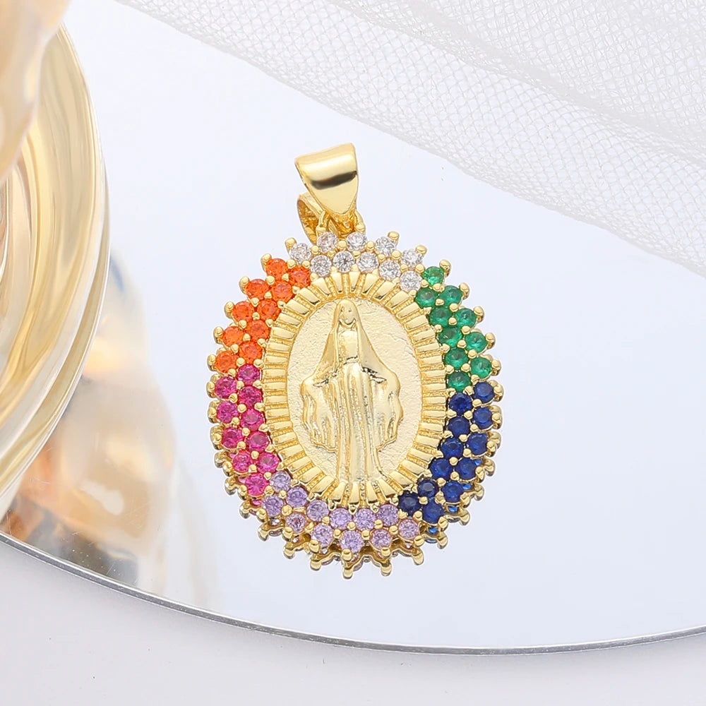 Juya 18K Real Gold Plated Religious Pendant Jewelry Making Supplies Creative Saint Mary Virgin Christian Cross Charms Supplies