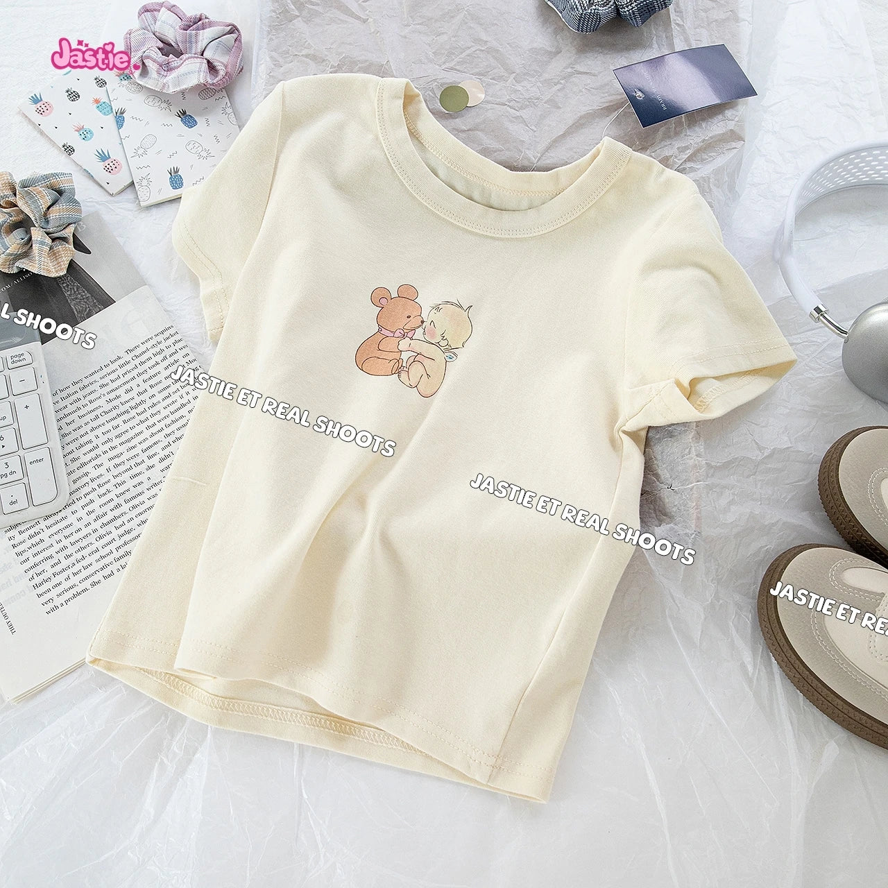 Cartoon Print Beige T-shirts Women 2024 Summer Streetwear Round Neck Short Sleeve T Shirt Female Vintage Chic Y2k Crop Top