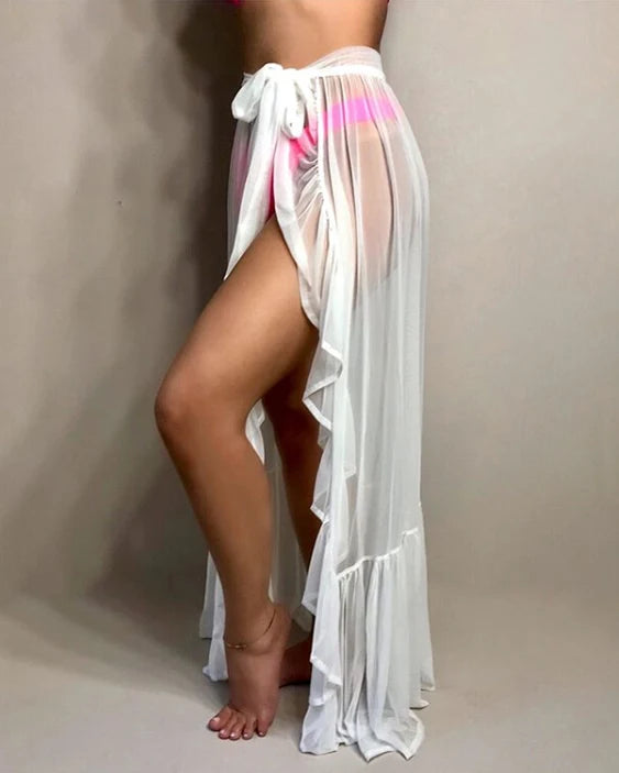 Combhasaki Womens Mesh Sheer Beach Holiday Ruffled Sunscreen Bikini Cover Up Wrap Belted Bow knot tied Long Skirt Summer Holiday