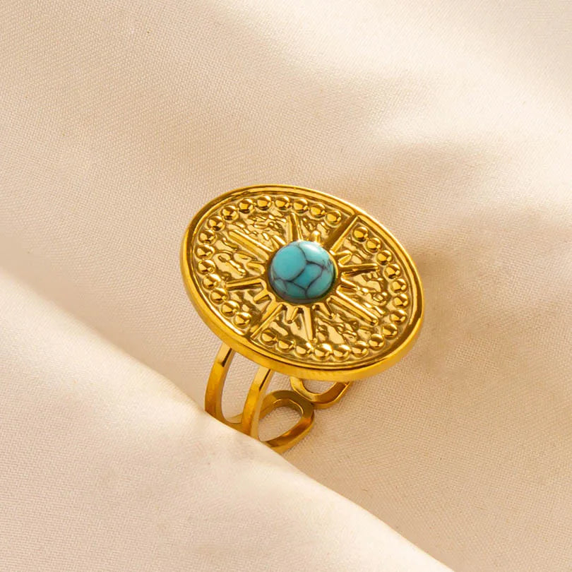 Classic Retro Turquoise Finger Jewelry Stainless Steel Rings For Women Men Accessories Open Adjustable 18k Real Gold Plated Ring