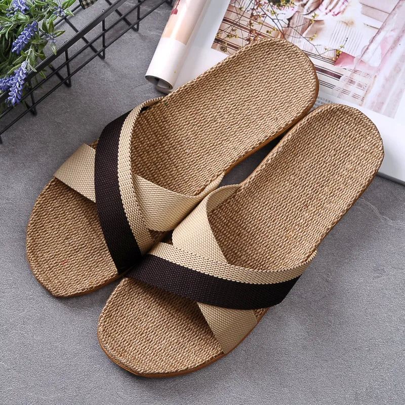 Women's EVA Linen Slippers Couple Indoor Slippers Cotton Home Non-slip Thick Bottom Summer Sandal Slippers Men