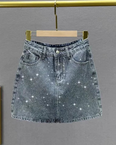 2025 New Summer A-line Denim Skirts For Women Fashion Hot drilling Casual Jeans Skirt Femme w1146