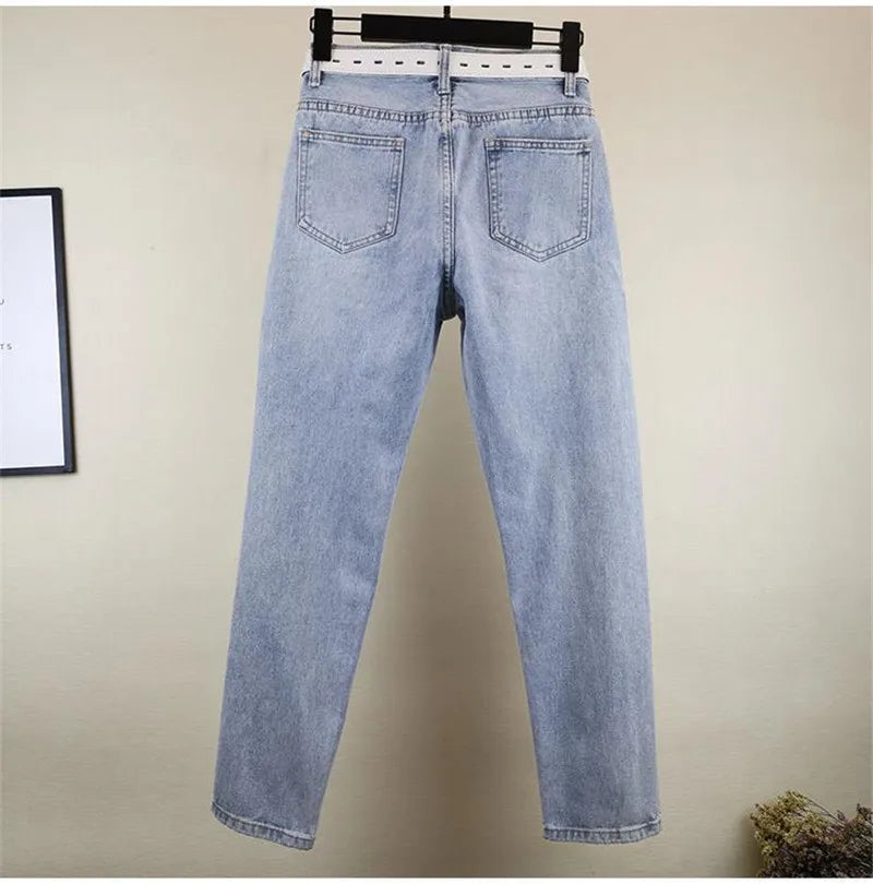 Women Hole Jeans 2023 Spring Summer New Loose High Waist Denim Pants Heavy Beading Straight Nine Points Harem Cowboy Trousers