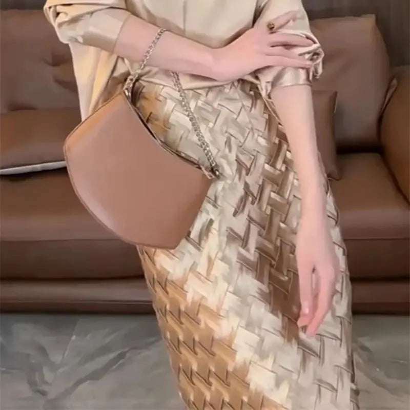 Luxury Women's Woven Satin Skirt Autumn New Fashion Office Lady Midi High Waist A Line Skirt Elegant Party Faldas Mujer 493P