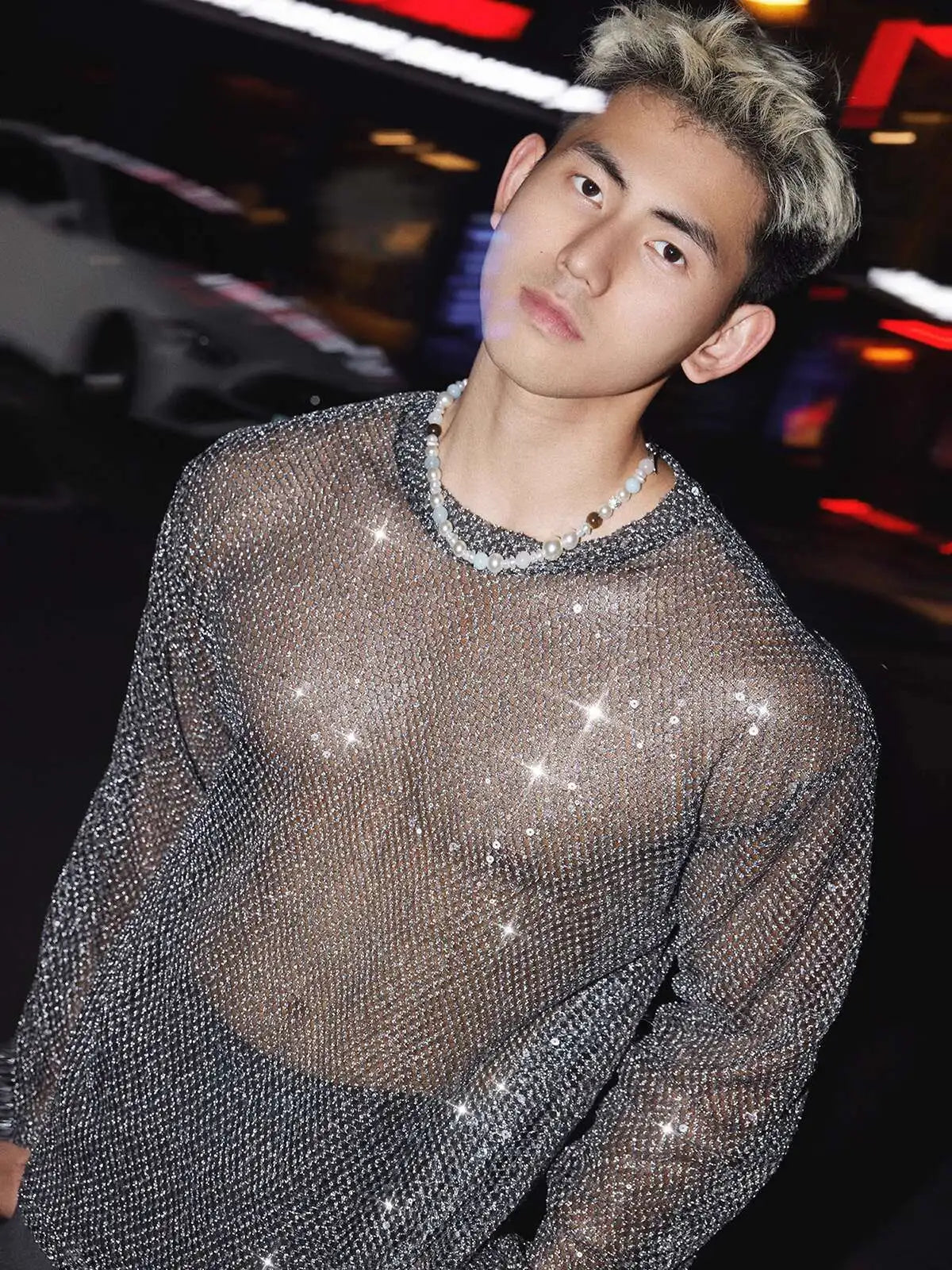 FEWQ Sequins Decoration Men's T-shirts Mesh Design Round Collar Tops Long Sleeved See-through Pullover Male Tees Niche 24K4819