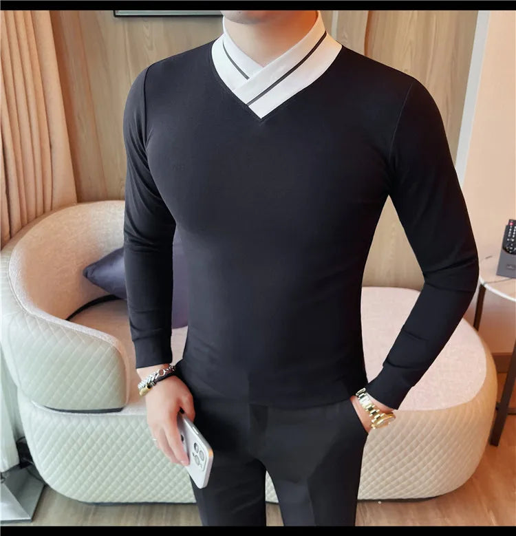 Autumn Winter Men's Mock Neck Long Sleeved T-shirt Slim Fit Elastic Solid Color Base Shirt Versatile Casual Business T-shirts