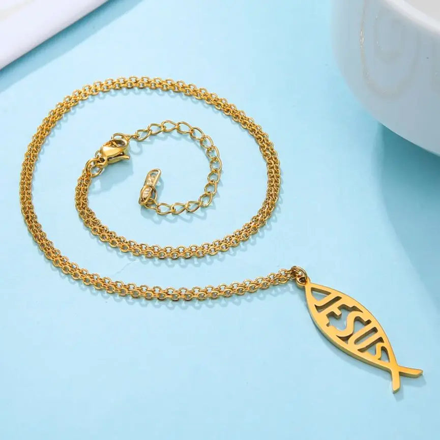 LIKGREAT Christian Jesus Fish Pendant Necklace for Women Stainless Steel Ichthys Faith Pray Choker Jewelry Valentine's Day Gifts