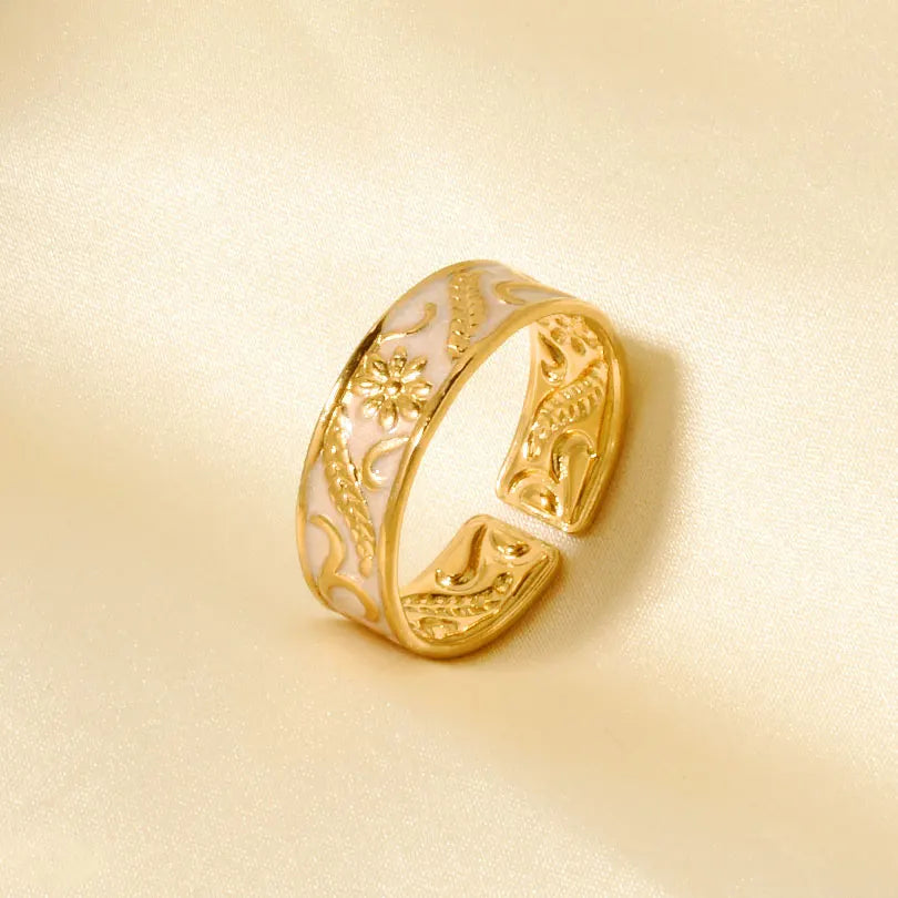 Elegant Ring Enamel Stainless Steel Rings For Women Men Accessories Flower Plant Jewelry Open Adjustable Real Gold Plated Bagues