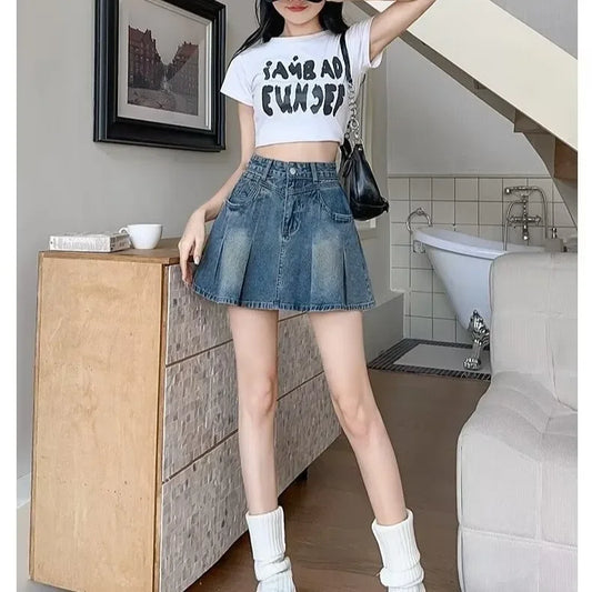 Fashionable High Waist A- Line Mini Skirt Women's Summer New Style American Retro Denim Skirts Cotton Slimming Pleated Skirts