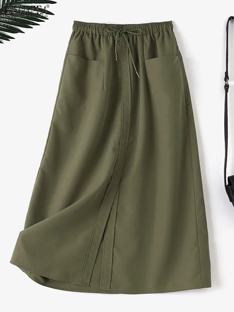 ZANZEA Fashion Women Autumn High Waist Skirts Solid Long Jupes Elegant OL Work Faldas Saia Stylish Holiday Midi Skirt Streetwear