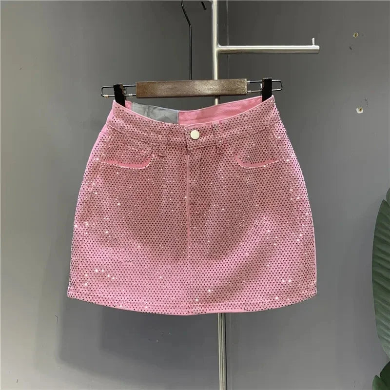Heavy Industry Hot Drilling High-End Denim Skirt 2024 Spring And Summer New High Waist Pink Sexy