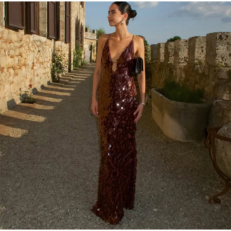 Women Sequin Sling Maxi Dress V-neck Solid Backless High Waist Sleeveless Dresses 2025 Fashion New Summer Lady Party Robes