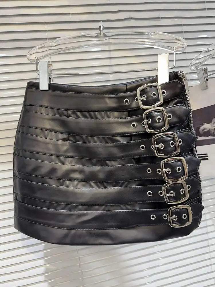DEAT Trendy Women's Multi Belt PU Leather Mini Skirt 2024 Spring Fashion New Items High Waist Wrap Hip Skirts Female 11XX7390