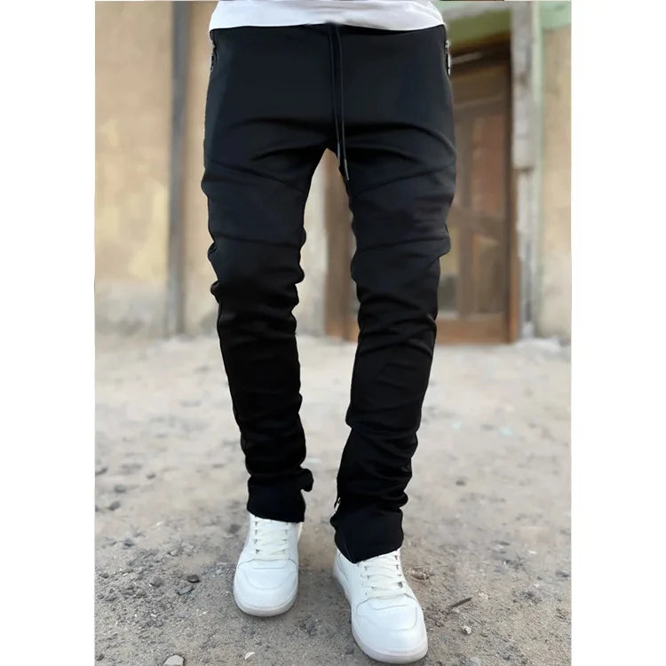 Autumn Men's Footband Solid Color Sports Pants Stretch Slim Cotton Zipper Pocket Draw Rope Fashion Running Casual Sports Pants