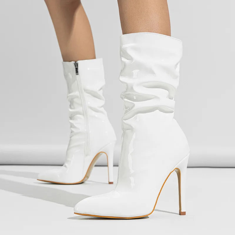 High-quality Pointed Toe Ladies Boots 11CM Stiletto Fashion Women Party Shoes Mid-Calf Boots Side Zipper Pleated High heels 42