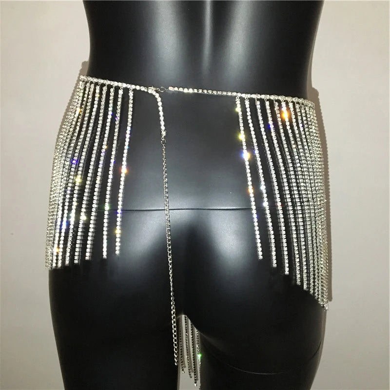 Sparkly Crystal Rhinestone Tassel  Mini Skirt Women Fashion See Through Hollow Out Metal Chain Nightclub Party Beach Outfits