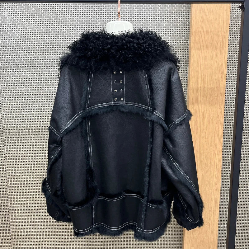 2025 New Real Fur Coat Winter Jacket Women Natural Rabbit Fur Lambswool Collar Luxury Outwear Loose Thick Warm Female Coat