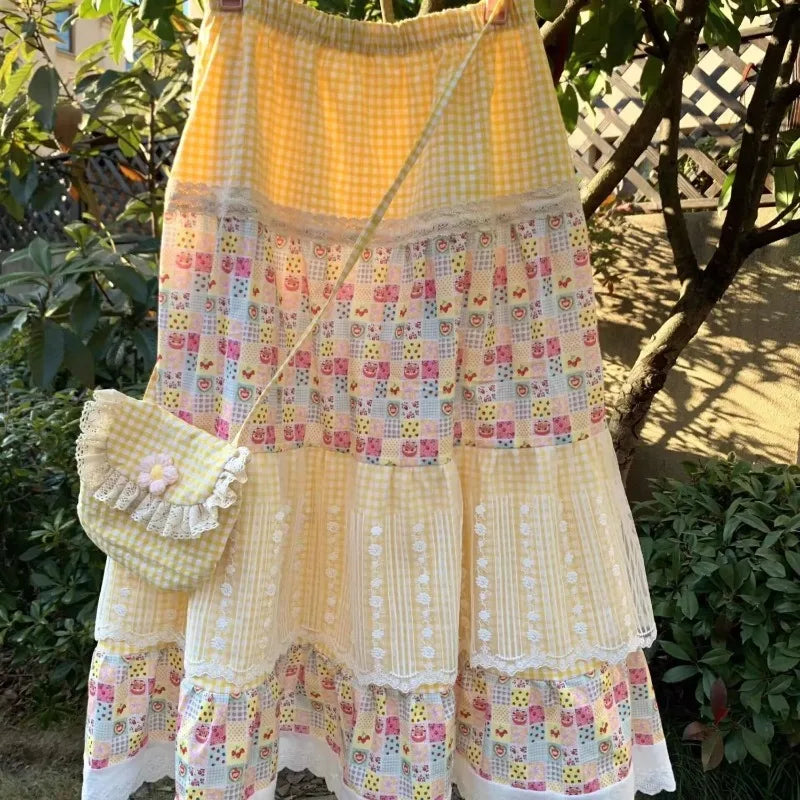 2025 New Summer Vintage Stitching Print Skirts Sweet Loose Design Cake Skirt Women Korean Fashion Patchwork Retro Outfits Beach
