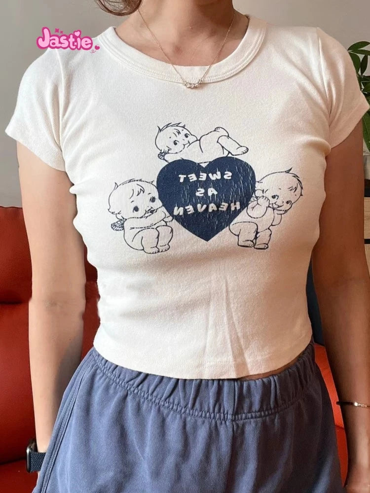 Cartoon Print Beige T-shirts Women 2024 Summer Streetwear Round Neck Short Sleeve T Shirt Female Vintage Chic Y2k Crop Top