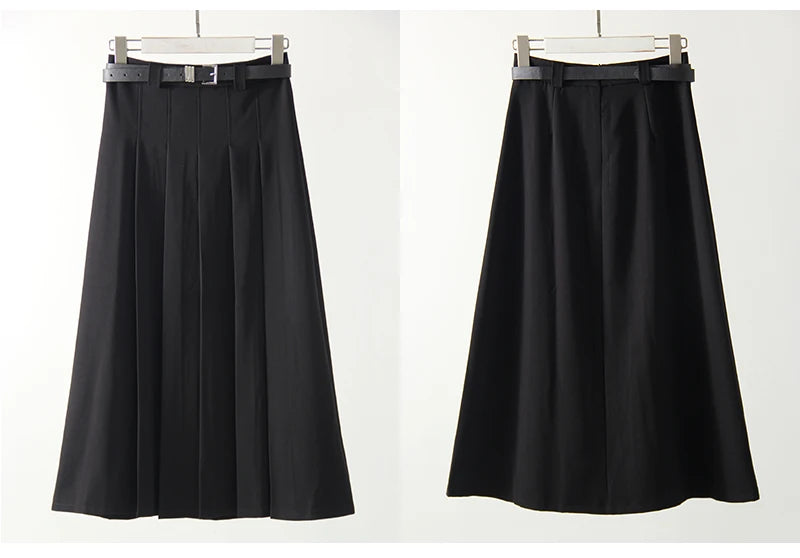 Gray Midi Pleated Skirts For Women Autumn 2024 High Waist A Line Maxi Zipper Skirts For Office Lady Long Skirt Woman Black