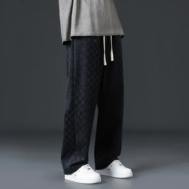 Men's Checkered Velvet Sweatpants, Loose Drawstring Trousers, Trendy Checkered Pattern, Fall and Winter Casual Streetwear