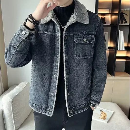 Men's Denim Jacket Winter Thickened Fleece Lined Fashionable New Arrival Hot Sale Of The Season Cotton Coat with Lamb Fur Collar