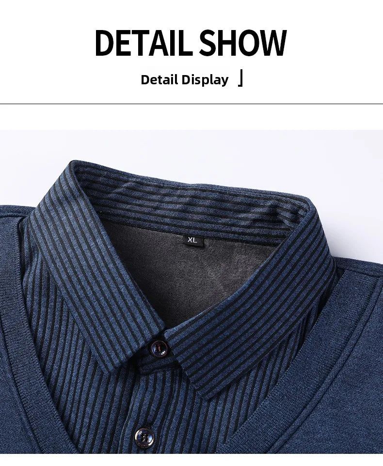 Men's Long Sve Fce Lined Knitted irt Busin Casual Sle Winter Warm Top Fake Two-Piece Design Comfortable Fit