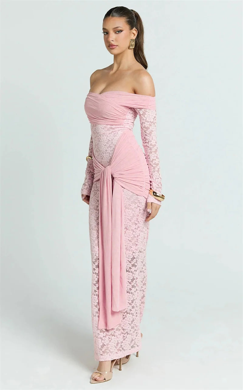 Mozision Off-shoulder Strapless Sexy Maxi Dress Women Gown Elegant Long Sleeve Backless Ruched Draped Club Party Long Dresses