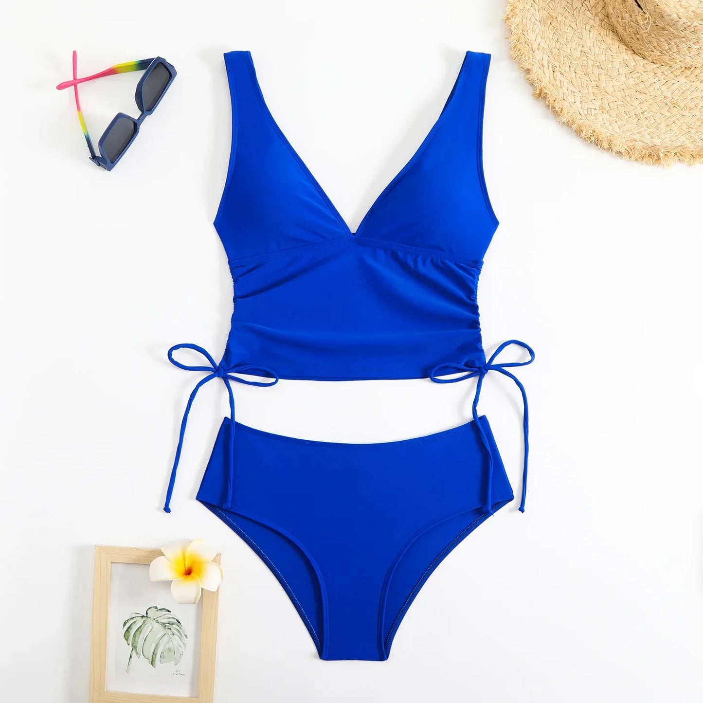 Fashionable Pure Color Nylon Fabric Bikini Set Sexy Two-Piece Swimsuit Drawstring Design Separate Top And Bottom for Women