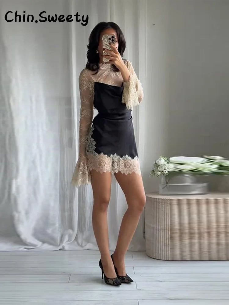 Elegant Lace Patchwork Satin Mini Dress Women High Collar Flare Sleeve See Through Party Dresses 2025 Autumn Lady Evening Robes