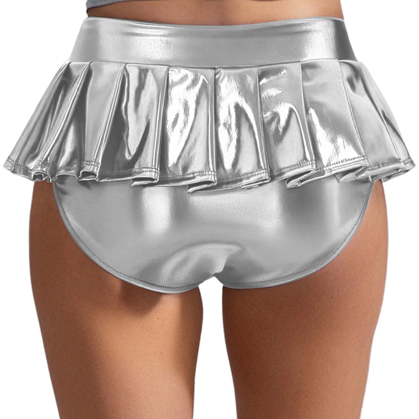 Womens Metallic Shiny Mini Skirt Elastic Waistband Pleated Skirted Underwear Culottes Micro Miniskirts Rave Party Nightclub Wear