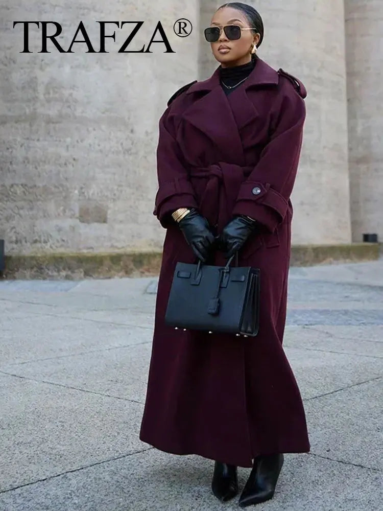HH Women Elegant Wine Red Coat With Belt Lapel Full Sleeve Double Breasted Lady Overcoat Autumn Winter Female Outwear