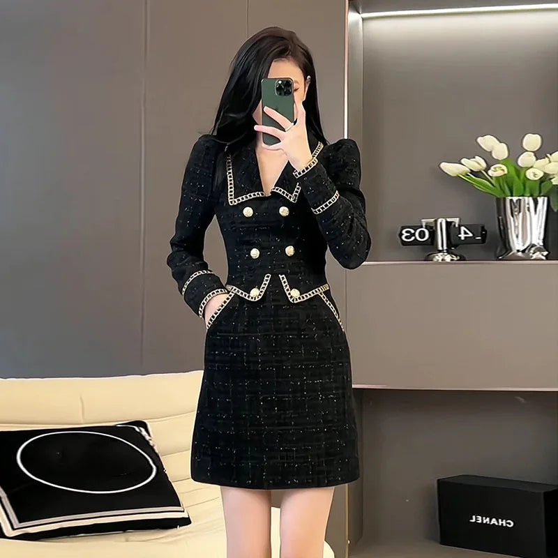 Spring Autumn High End Small Fragrant Elegant Dress Women New French Long Sleeve Fake Two Piece Dress Ladies Tweed Slim Dresses