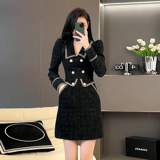 Spring Autumn High End Small Fragrant Elegant Dress Women New French Long Sleeve Fake Two Piece Dress Ladies Tweed Slim Dresses