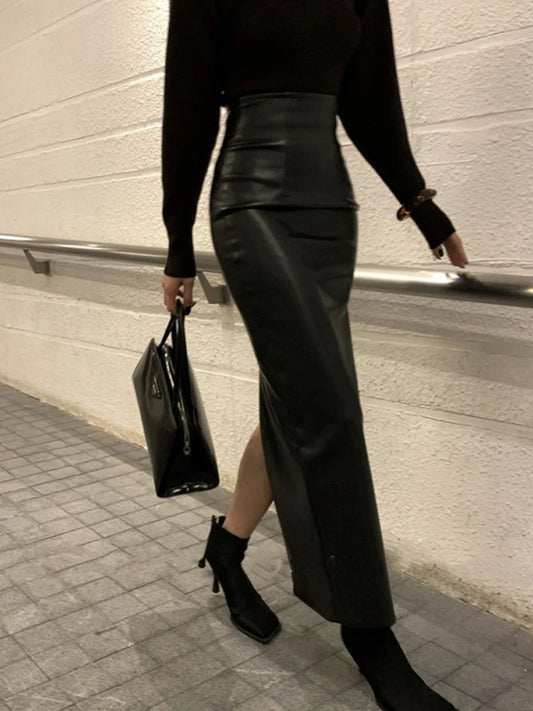 Vintage Pu Leather Slit Skirts Women High Waist Streetwear Slim Midi Skirts Y2K Korean Elegance Party Night Ladies Black Skirts