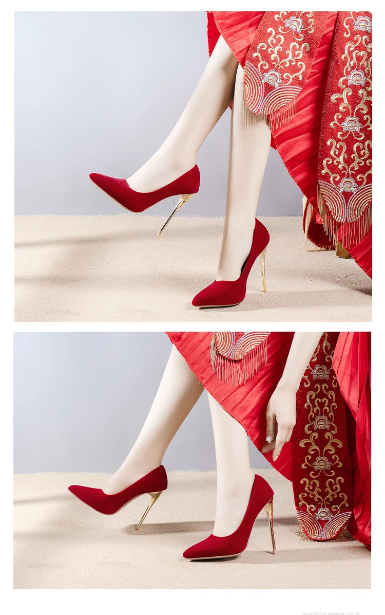 12cm   Red Heels Oversized Women's Heel Shoes 45 Red Wedding Shoes Flannelette Super High Heel Women's Shoes Zapatos De Mujer