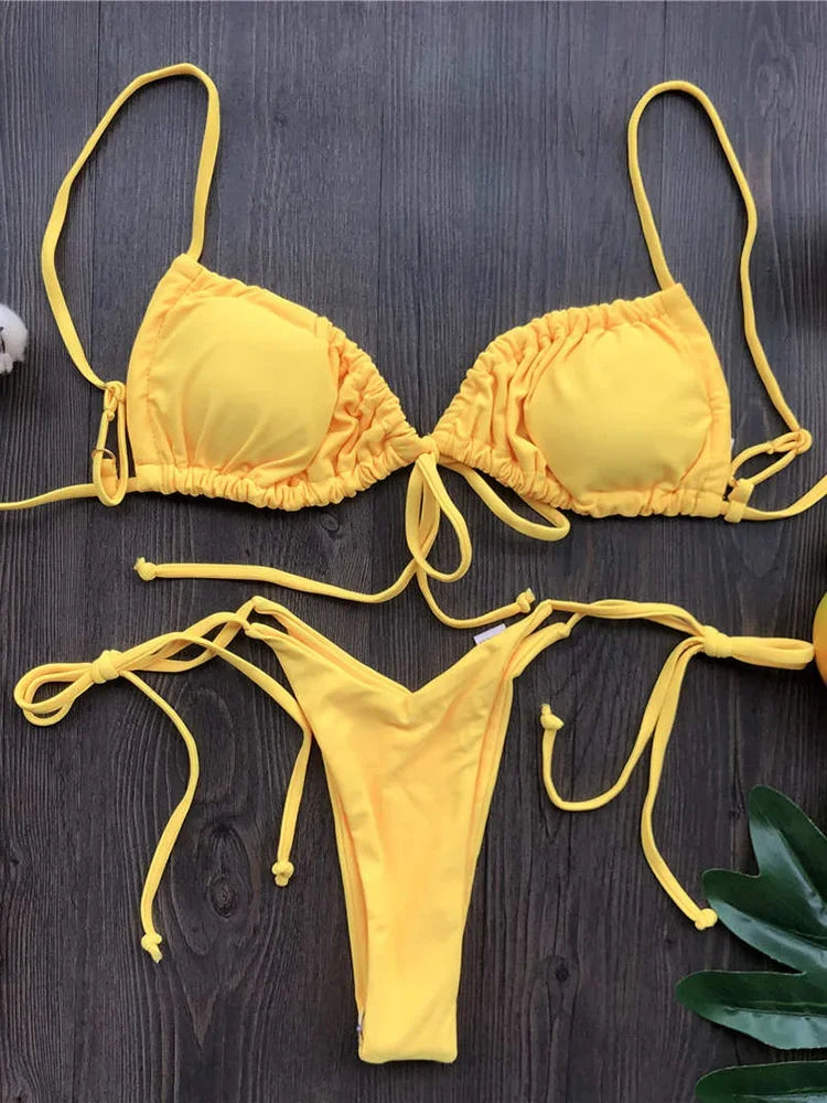 Sexy Printed Ruffled Frilled Thong Bikini Women Swimwear Female Swimsuit Two Pieces Bikini set Micro String Bathing Suit Swim