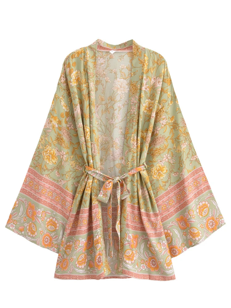 Boho Queens Multi Floral Print Sashes Short Kimono Women Bohemian V Neck Batwing Sleeves Rayon Robe Beach Bikini Cover-up