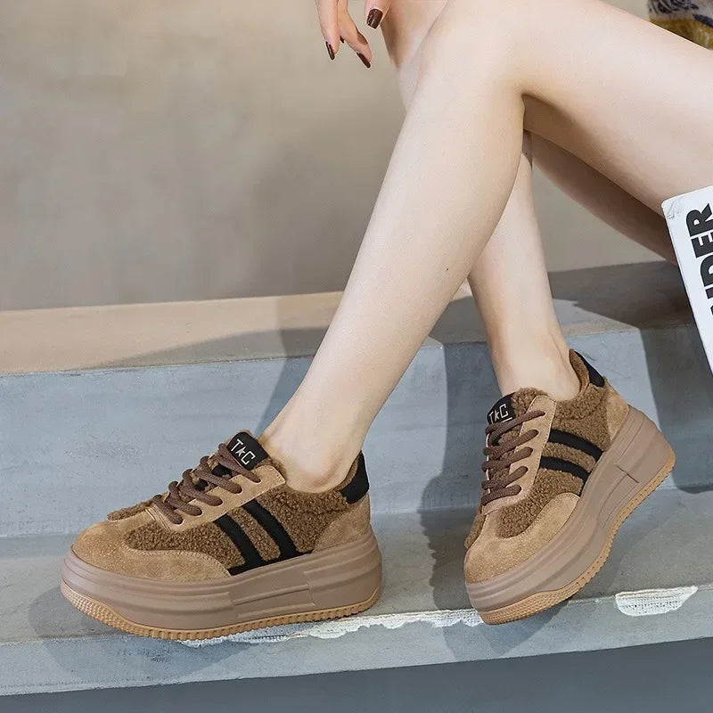 6CM Pink Natural Genuine Leather Fashion Breathable Casual Women's Shoes Platform Warm Plush Winter Autumn Comfy Ankle Booties