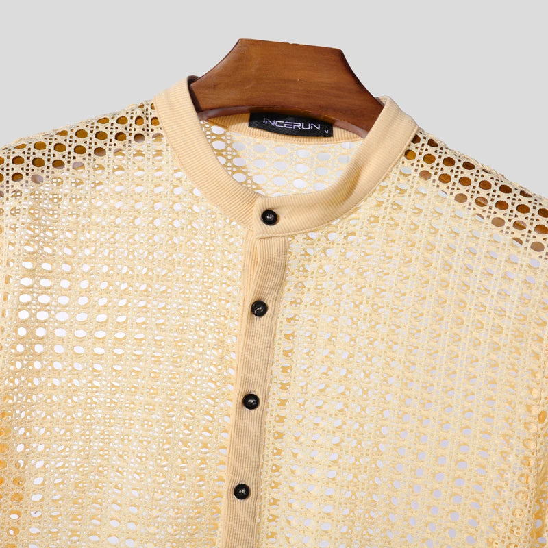 INCERUN Men Shirt Mesh See Through Hollow Out O-neck Short Sleeve Men Clothing Streetwear Summer 2025 Loose Fashion Male Tops