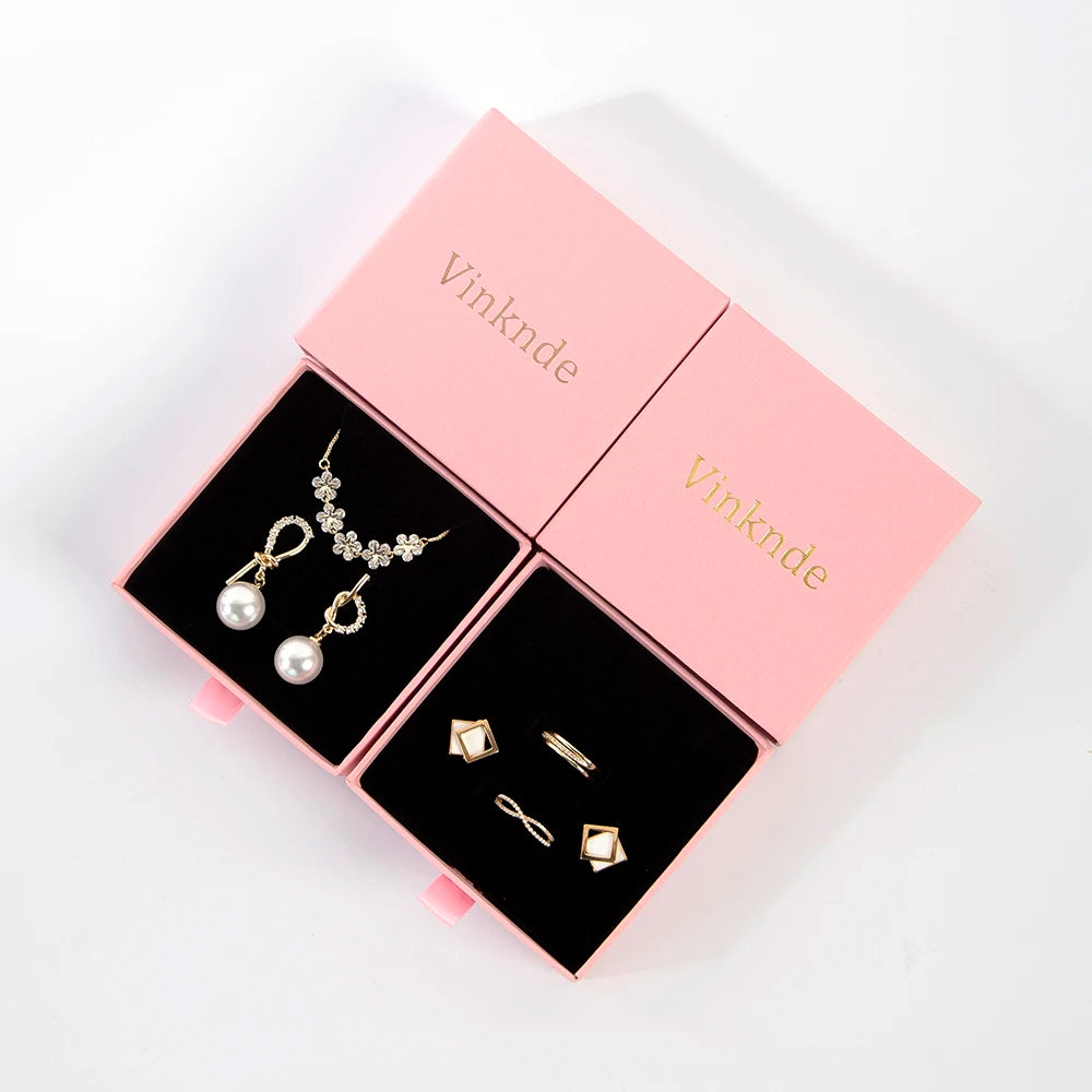 Wholesale 24pcs Custom Jewelry Packaging Box with logo Pink Cardboard Drawer Sliding Jewellery Earrings Ring Necklace Gift Boxes