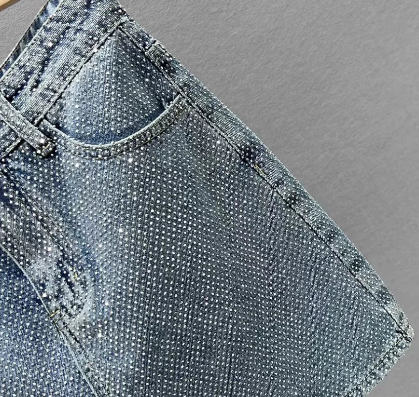 2025 New Summer A-line Denim Skirts For Women Fashion Hot drilling Casual Jeans Skirt Femme w1146