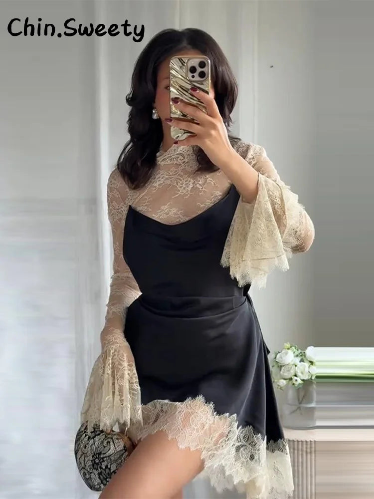 Elegant Lace Patchwork Satin Mini Dress Women High Collar Flare Sleeve See Through Party Dresses 2025 Autumn Lady Evening Robes