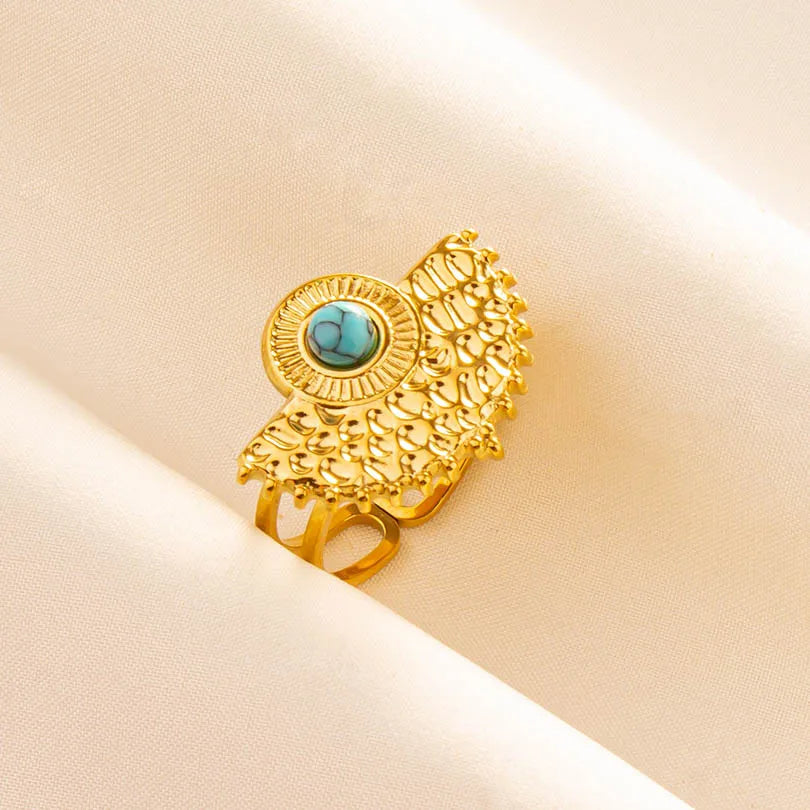 Classic Retro Turquoise Finger Jewelry Stainless Steel Rings For Women Men Accessories Open Adjustable 18k Real Gold Plated Ring