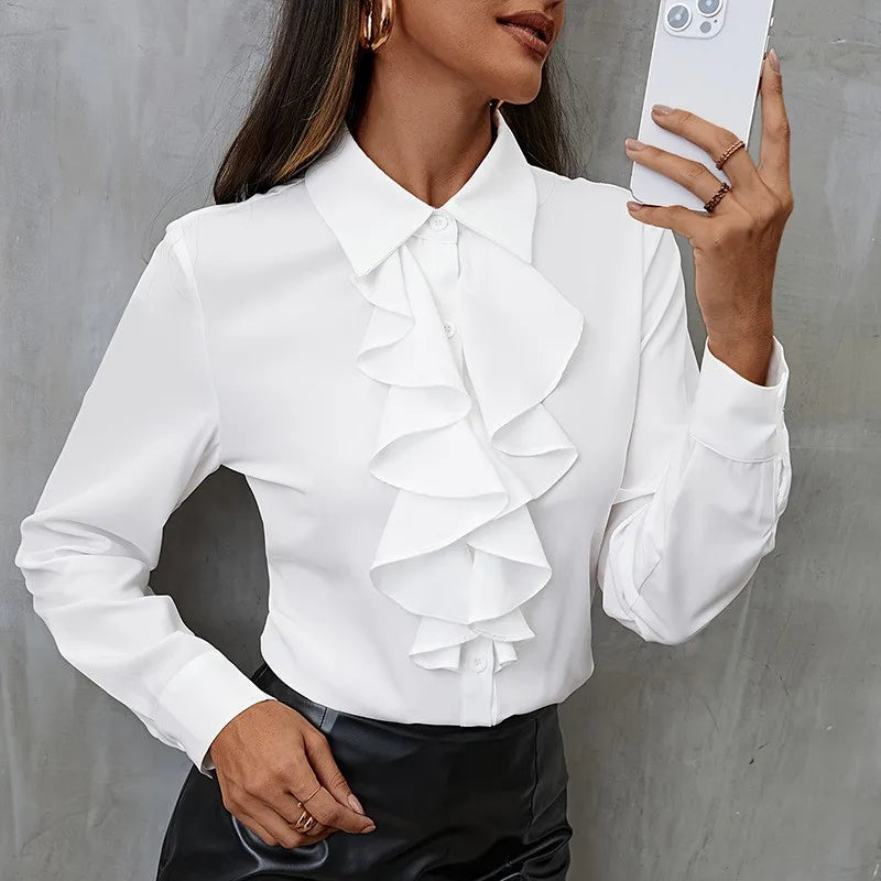 Boho Women's White Loose Chiffon Shirt Spring Fall Long Sleeve New Fashion Ruffled Tops Elegant Casual Blouses For Women Clothes