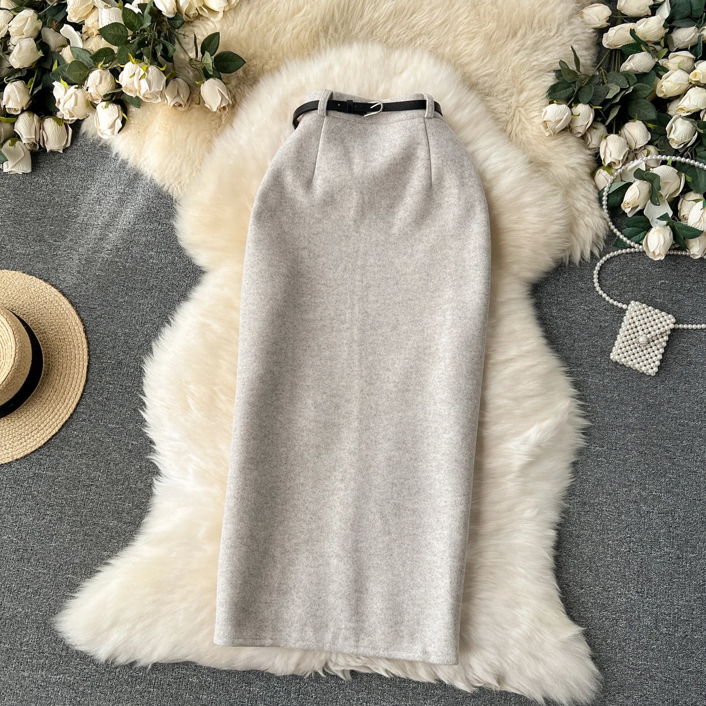 Woolen Midi Skirt Women Autumdn Winter High Waisted Elegant Pencil Skirt Female Slim Split Work Skirts